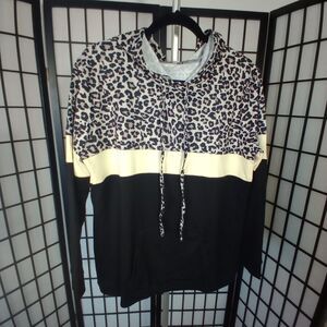 HOODIE Women's Leopard Pullover L/S Drawstring Pocket Sweatshirt Size Large